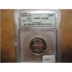 2001-S NEW YORK QUARTER ICG PR69 DCAM