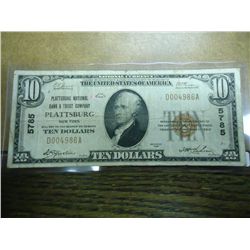 1929 TYPE I $10 NATIONAL CURRENCY PLATTSBURG