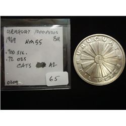 1969 URUGUAY SILVER 1000 PESOS (UNC) .72 OZ. ASW
