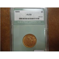 1900 US GOLD $5 LIBERTY HALF EAGLE NTC AU58