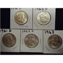 1948-D,60-D,61-D,62-D & 63 FRANKLIN HALF DOLLARS