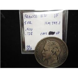 1870 FRANCE SILVER 5 FRANC VERY FINE
