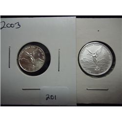 2 MEXICO SILVER LIBERTADS 2013 1/10 OZ. & 2003