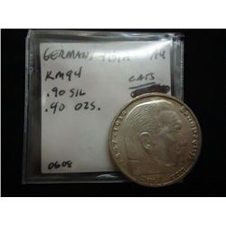 1939-A GERMAN SILVER 5 MARKS WITH SWASTIKA AU