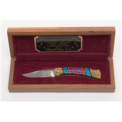 Confederate flag custom knife by Navajo artist  David Yellow Horse dated 1996 in display case.    Es