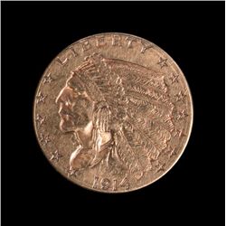 U.S. $2.50 Indian Head gold coin dated 1914-D,  un-graded.   Est.:  $260-$520.