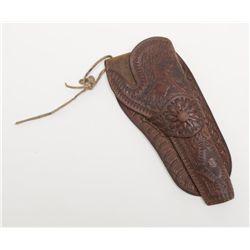 Tooled leather single loop holster with cowboy on  horse image in tooling, catalog order type, for