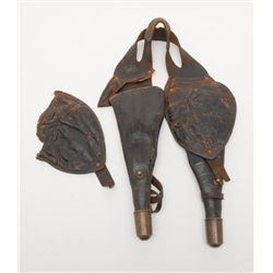 Pair of pommel holsters for Walker Colts marked  “J.C. Shackleford + Co. maker”,  show brass tips  a