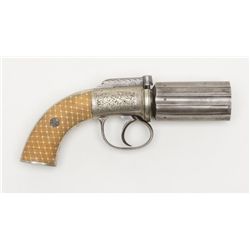 Beautiful English bar hammer pepperbox six-shot  percussion pistol, .38 cal., 3” barrels, engraved