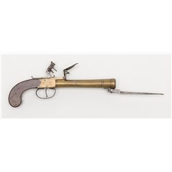 English cannon barrel flintlock pistol by Twigg  with under barrel folding bayonet in overall very