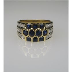 Sophisticated Mosaic Patterned Blue Sapphire and  Diamond Ring with 4 round cut and 6 channel set  p