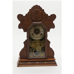 Pressed Oak Mantle clock with desirable Civil War  patriotic motifs of flags, spread eagle, cannons,