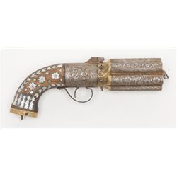 Handmade and nicely etched hand revolved pepperbox  pistol of approximate .70 caliber smooth bore  m