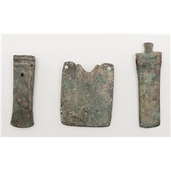 Lot of 3 ancient bronze artifacts; 1 axe head,  holders for flags or polearms, identified as  Chines