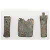 Image 1 : Lot of 3 ancient bronze artifacts; 1 axe head,  holders for flags or polearms, identified as  Chines