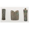 Image 2 : Lot of 3 ancient bronze artifacts; 1 axe head,  holders for flags or polearms, identified as  Chines