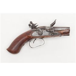 Double barrel flintlock pocket pistol of British  origin with locks signed “Tuite”. The pistol shows