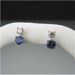 Exquisite ‘Fine’ Ceylon Color Blue Sapphire and  Diamond Earrings with 2 round cut Blue Sapphires  w