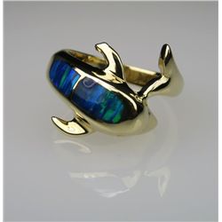 Vibrant Opal Dolphin Ring with 2 beautiful inlayed  Opals with vibrant colors in rich blues and  bri