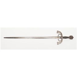 Victorian era knightly sword with good older  forged steel blade and nicely made pierced guard  and