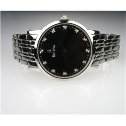 Men’s NEW Condition Diamond Stainless Steel Bulova  Watch with round black dial accented with 12  Di