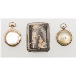 Lot of 3 collectibles including an erotic  cigarette case, a U.S. marked compass and an Elgin  15 je