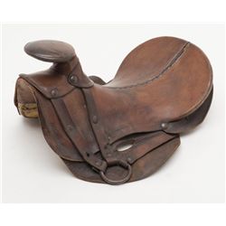 Hope style saddle showing recovering during period  of use and old frontier repairs.  The leather  c