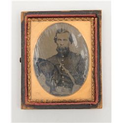 Civil War era small image in half case of Union  officer holding his brim hat with braid and  feathe