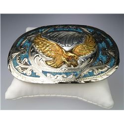 Bold Flying Eagle Sterling Silver Belt Buckle  accented with inlayed Turquoise, gold plated eagle  a