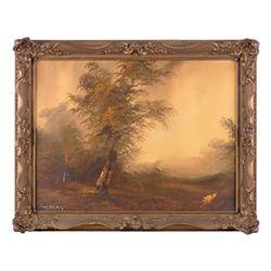 Antique oil painting on canvas of landscape scene  with golden sunset reminiscent of American classi