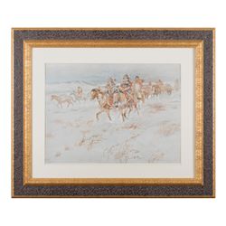 Large finely framed and matted Charlie Russell  color print of an Indian hunting party in snow,  ove