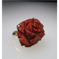 Big and Bold Barry Brinks Designed Rose Carved Red  Coral Ring his jewelry is sold at Saks 5th Ave.