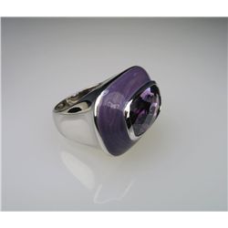 Vibrant Checkerboard cut Amethyst and Lavender  Enamel Ring in Sterling Silver.  Retail $200- $250.0