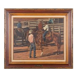 Framed print on canvas “Rodeo Talk” by Theresa  Totter, approx. 28” x 32-1/2”.  Est.:  $100-$200.