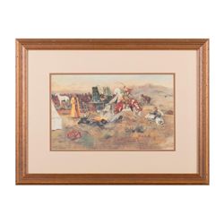 Beautifully framed and matted Charlie Russell  colored lithograph entitled “Bronco in Cow Camp”  app