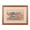 Image 1 : Beautifully framed and matted Charlie Russell  colored lithograph entitled “Bronco in Cow Camp”  app