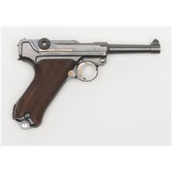 German Luger S/42 “G”date semi-auto pistol, 9mm  cal., 4” barrel, blue finish, checkered wood  grips
