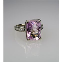 Beautiful and Sophisticated Pink Kunzite and  Diamond Ring with 7.30 carat rectangular Kunzite  with