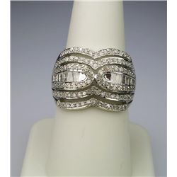 Radiant Contemporary Diamond Ring with 14 baguette  cut diamonds and 102 round cut diamonds weighing