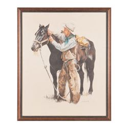 Original oil painting on canvas portraying cowboy  wearing chaps with his source signed lower right