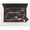 Image 2 : Case pair of French style percussion  dueling/target pistols barrels inlaid in silver  and marked “