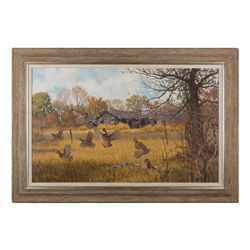 Original sporting painting on board entitled  “Busted Covey” signed by Lee Le Blanc with  original s