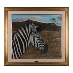 Original oil on canvas of Zebra signed L.R. Jorge  Rajadell, 1995, approx. 31” x 35”; nicely framed