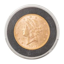 1877 U.S. $20 gold piece; not graded.    Est.:   $1,300-$2,600.