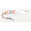 Image 1 : Custom-made one-of-a-kind knife with turquoise and  coral grip scales showing silver accents and  ch