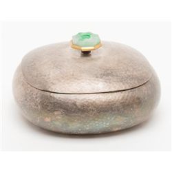 Hammered sterling silver box with carved jade top  circa 1920s to 1960s and of oriental origin  prob