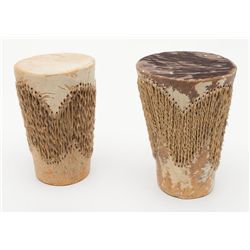 Pair of American Indian small size drums collected  pre-WWII in Arizona. Stretched cow hide with hai