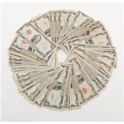 Lot of 100 old Red Seal U.S. $2 Notes, dated 1928,  1953 & 1963, various conditions.   Est.:   $350-