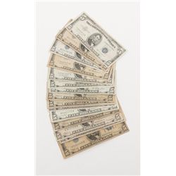 Lot of 25 U.S. $5 Silver Certificates, dated 1934  & 1953, various conditions.   Est.:  $175-250.