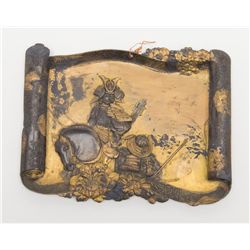 Hand hammered with gold decorated plaque of  Japanese Samurai in armor; 19th to early 20th  century,